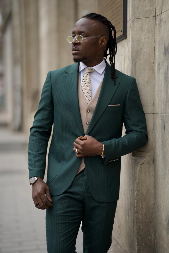 Slim Fit Vest Striped Suit-Green