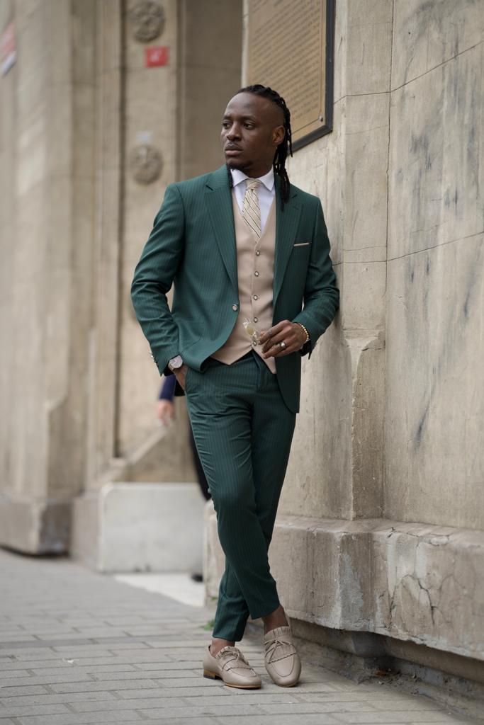 Slim Fit Vest Striped Suit-Green