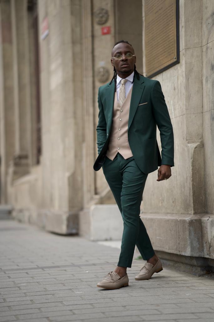 Slim Fit Vest Striped Suit-Green