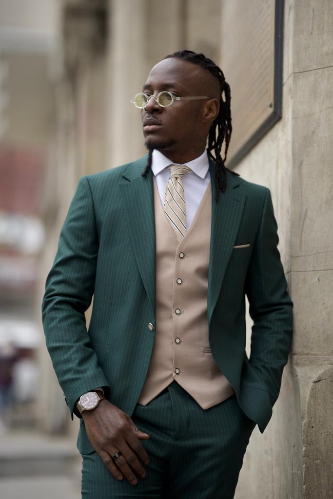 Slim Fit Vest Striped Suit-Green