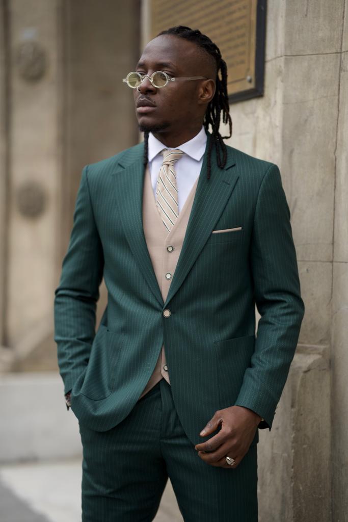 Slim Fit Vest Striped Suit-Green