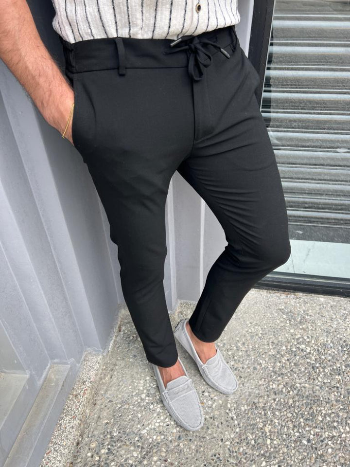 Slim Waist Rope Detailed Jogger Pants - Black