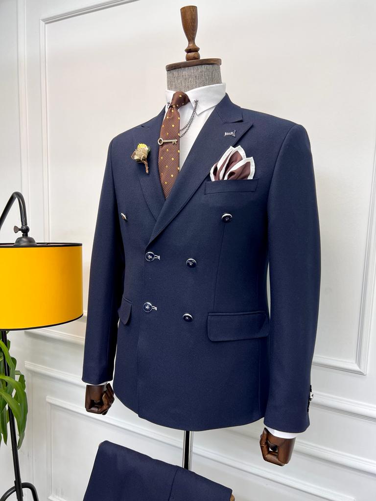Special Design Double Breasted Detailed Suit - Dark Blue