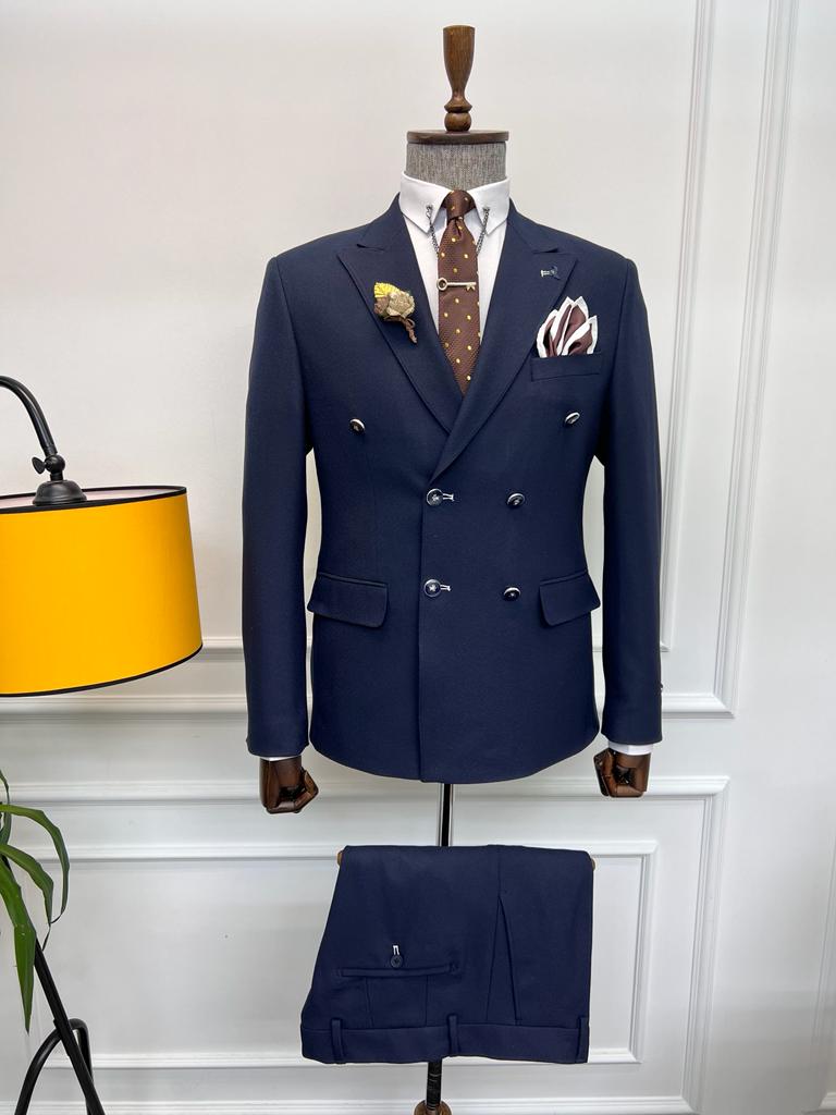 Special Design Double Breasted Detailed Suit - Dark Blue
