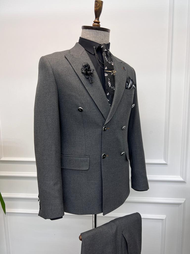 Special Design Double Breasted Detailed Suit - Grey