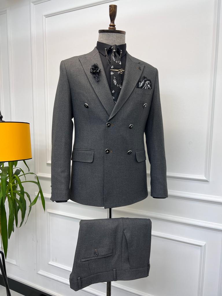 Special Design Double Breasted Detailed Suit - Grey