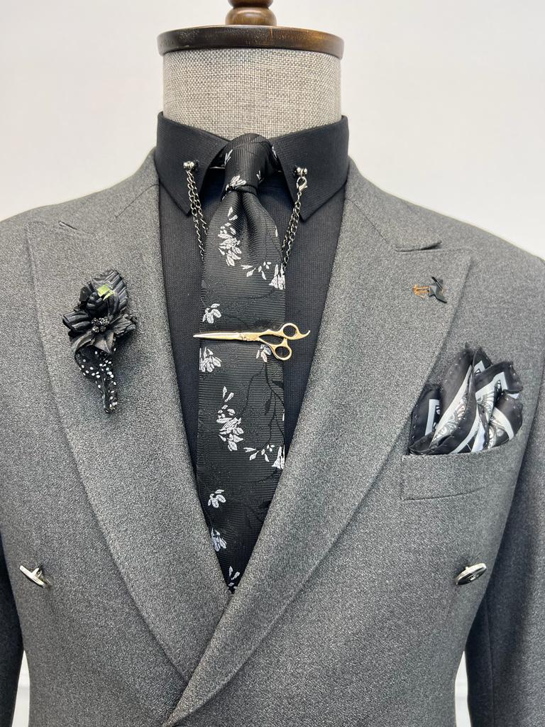 Special Design Double Breasted Detailed Suit - Grey