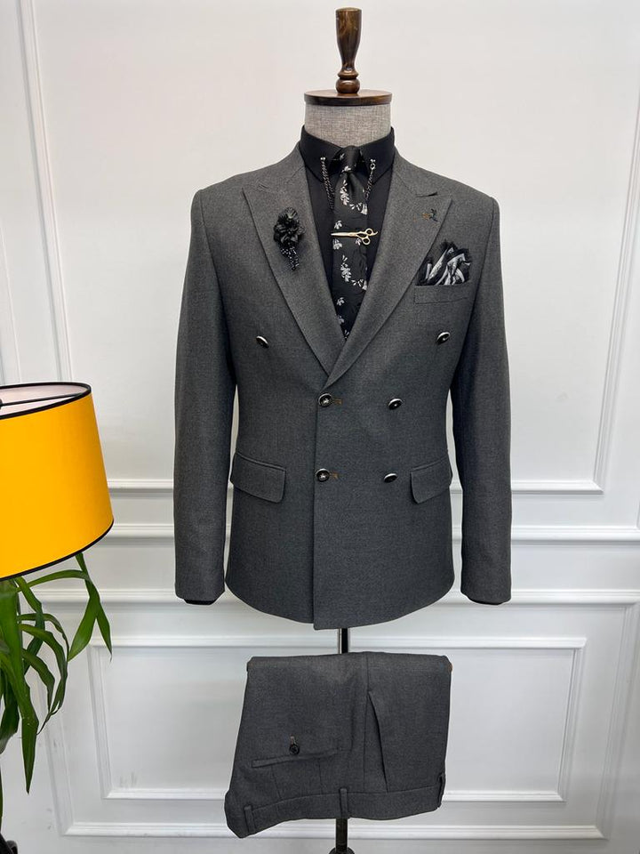 Special Design Double Breasted Detailed Suit - Grey