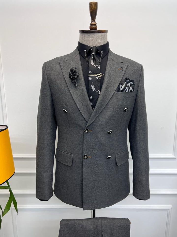 Special Design Double Breasted Detailed Suit - Grey