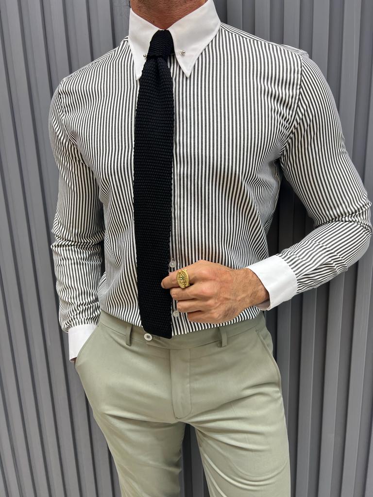 Striped Chain Collar Detailed Shirt- Grey