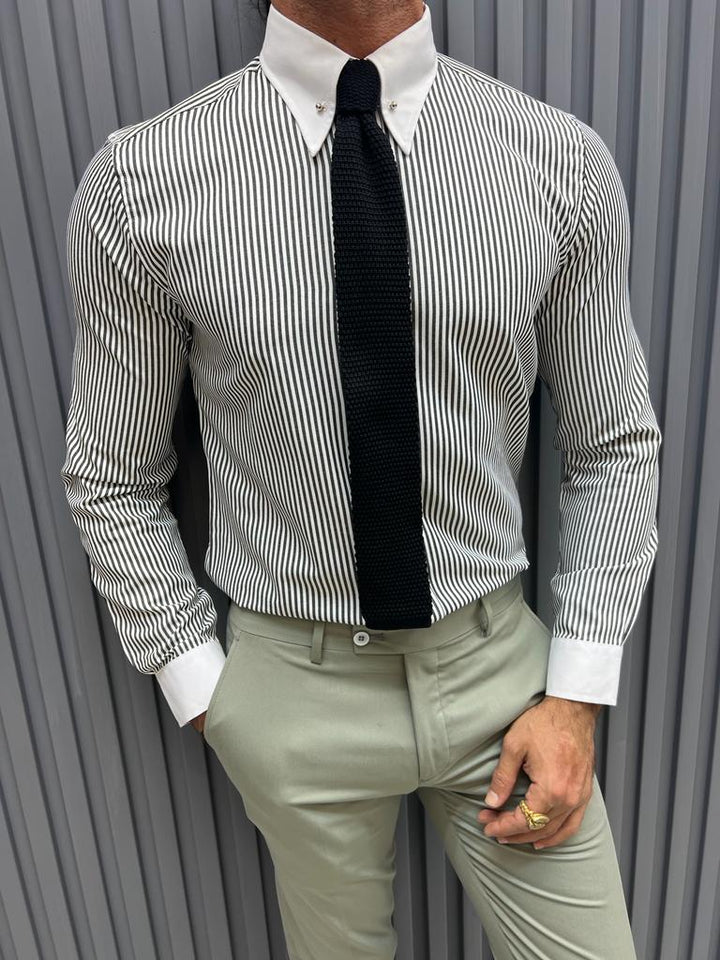 Striped Chain Collar Detailed Shirt- Grey