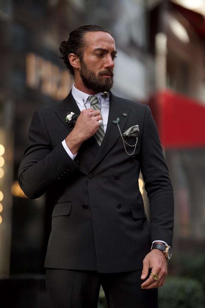 Striped Double breasted Detailed Suit Black MenStyleWith