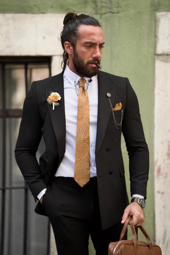 Striped Double-breasted Suit - Black