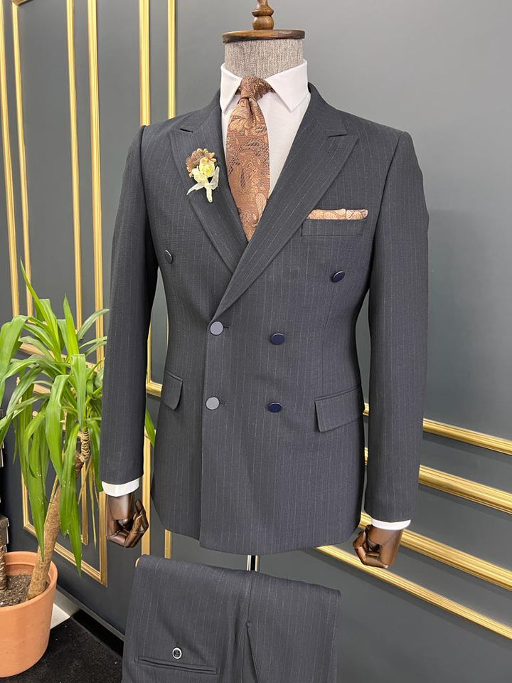Striped Double-breasted Suit - Dark Blue
