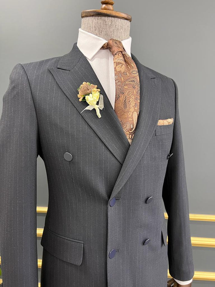 Striped Double-breasted Suit - Dark Blue