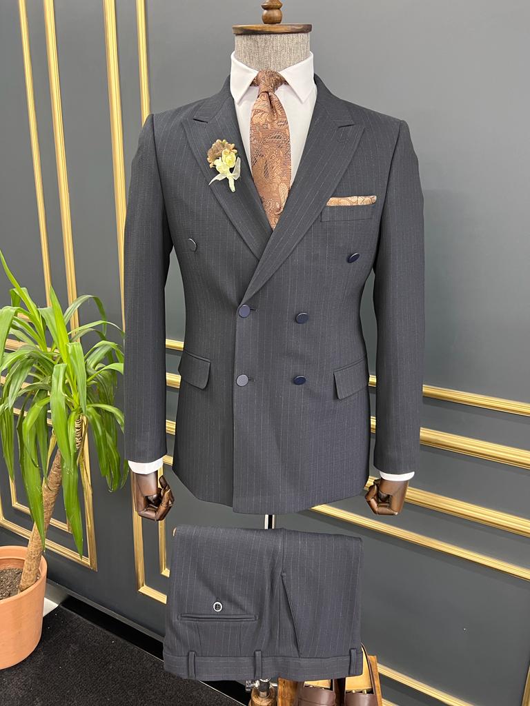 Striped Double-breasted Suit - Dark Blue