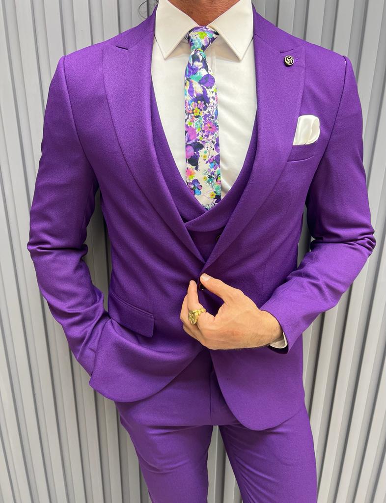 Striped Slim Fit Casual Suit -Purple