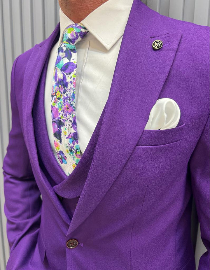 Striped Slim Fit Casual Suit -Purple