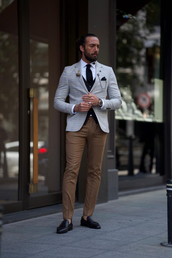 Striped Slim Fit Mono Collar Jacket-Grey