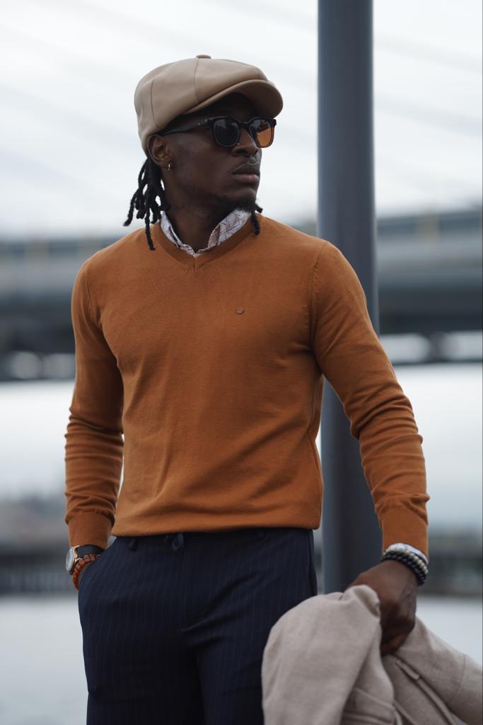 V-neck Knit Sweater - Camel