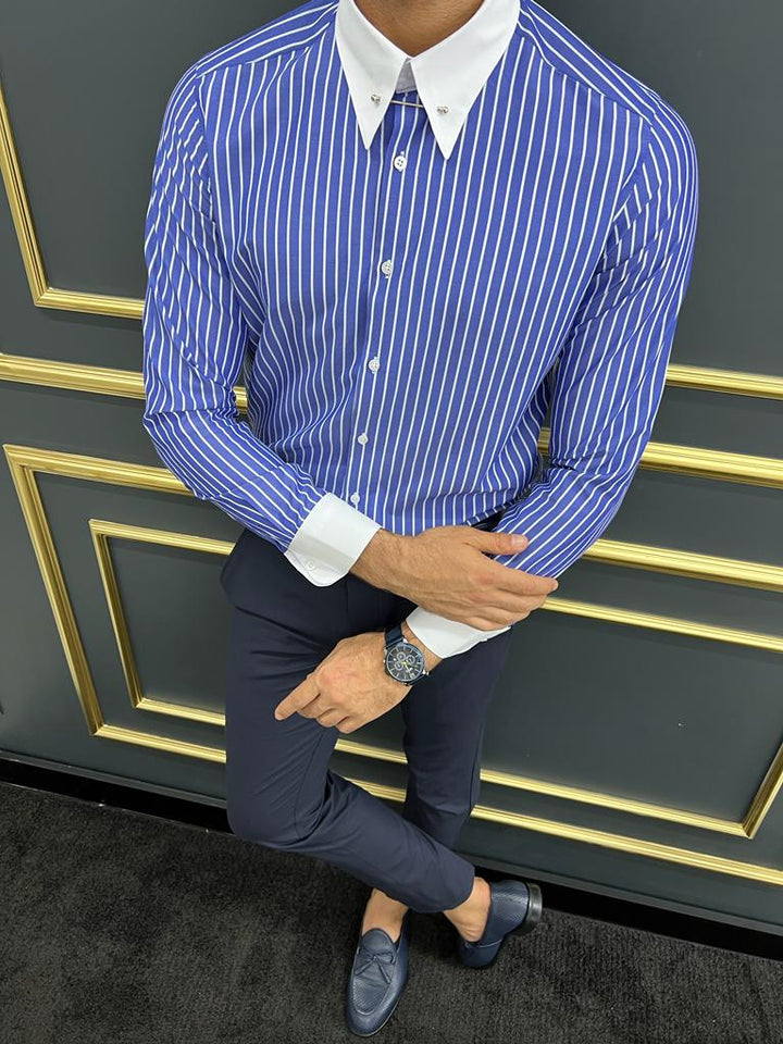 Blue Italian Collar Striped Shirt