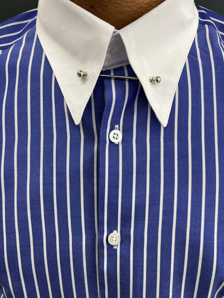 Blue Italian Collar Striped Shirt