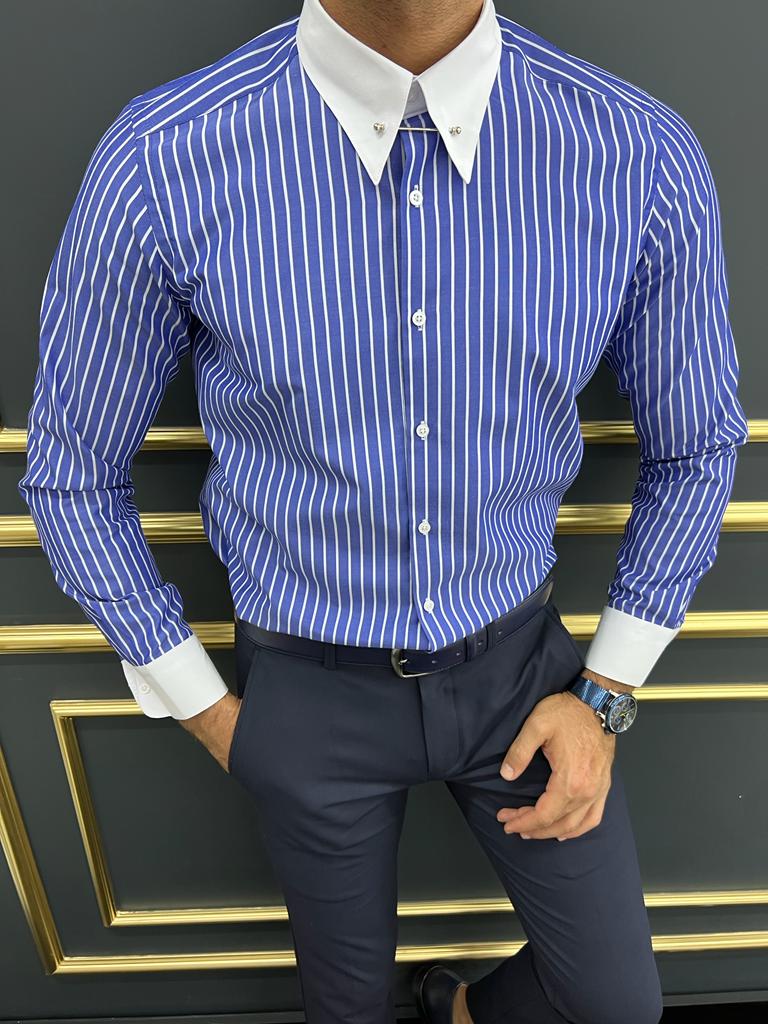 Blue Italian Collar Striped Shirt