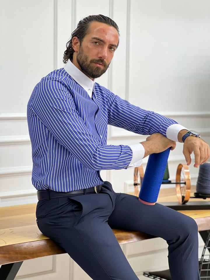 Blue Italian Collar Striped Shirt