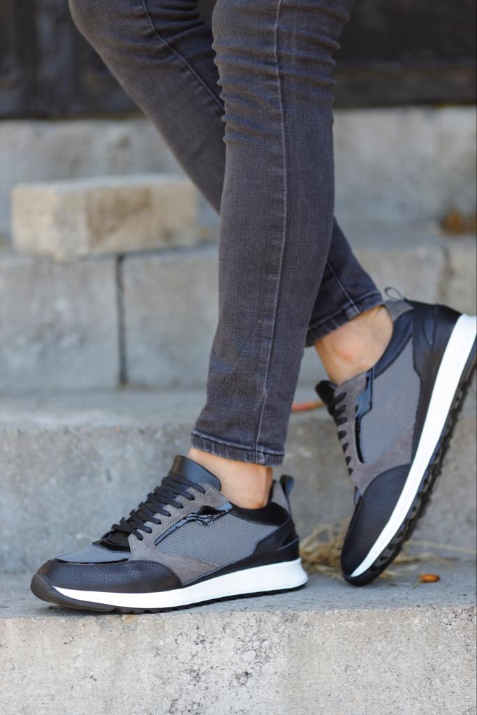 Grey Patent Leather Detailed Sneakers