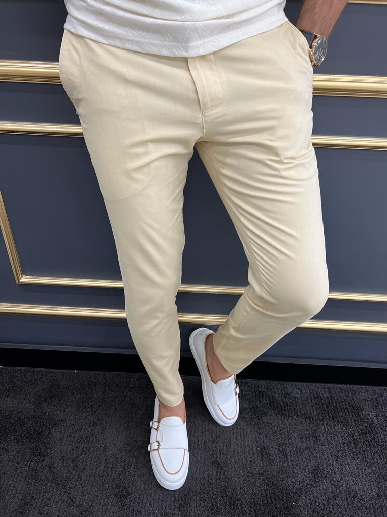 Pantalon en tissu jaune avec détail en piqué à carreaux