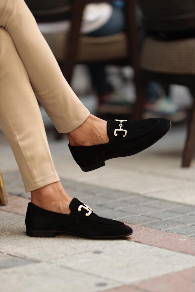 Black Suede Loafers With Buckle Detail