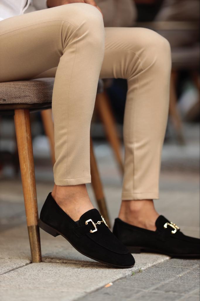 Black Suede Loafers With Buckle Detail