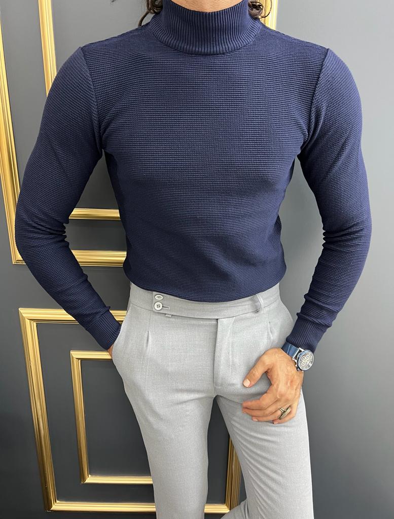 Custom Design Half Collar Turtleneck Sweater -   Dark blue