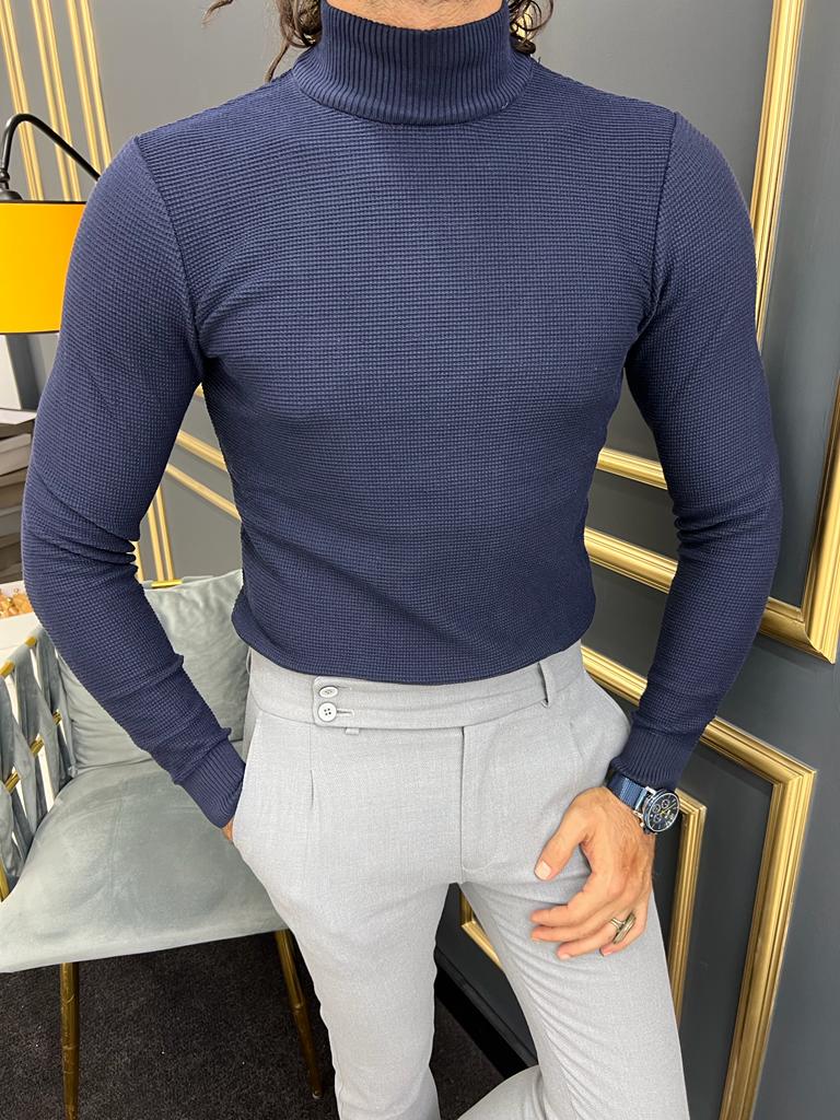 Custom Design Half Collar Turtleneck Sweater -   Dark blue