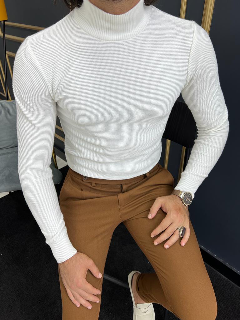 Custom Design Half Collar Turtleneck Sweater -  White