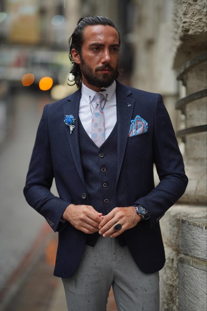 Slim Fit Mono Collar Blazer Jacket -  Dark Blue