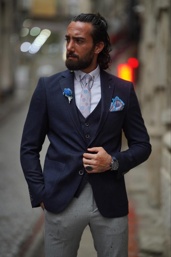 Slim Fit Mono Collar Blazer Jacket -  Dark Blue