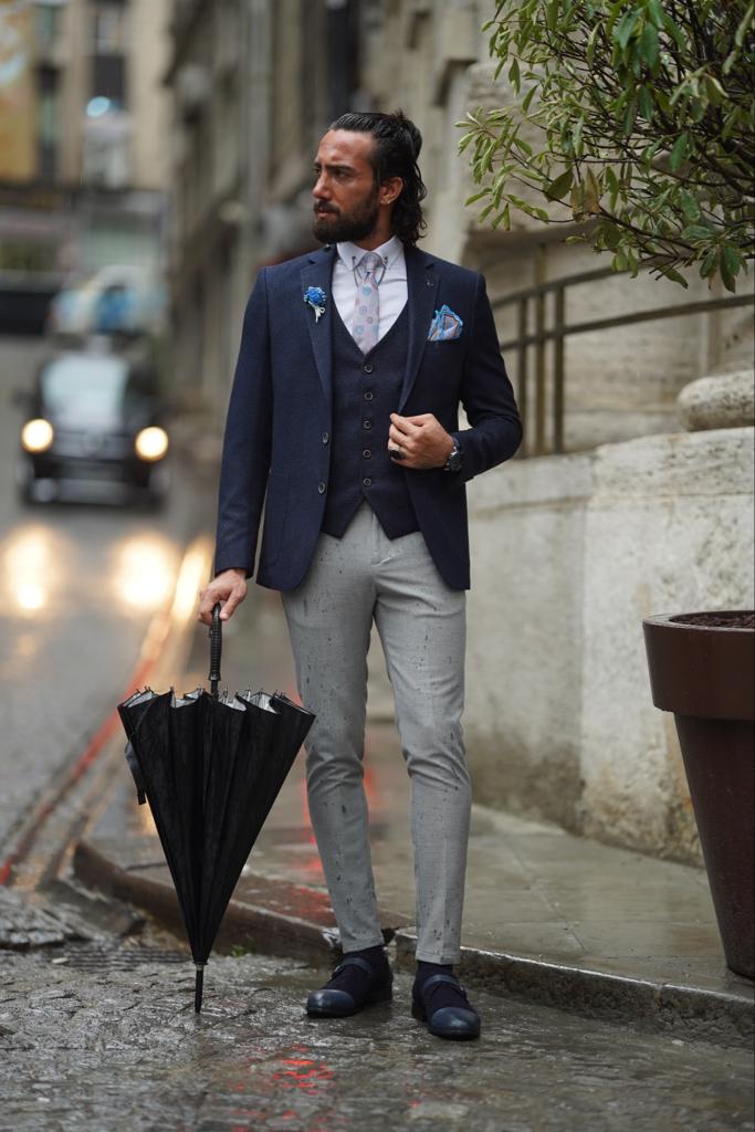 Navy jacket with grey trousers best sale