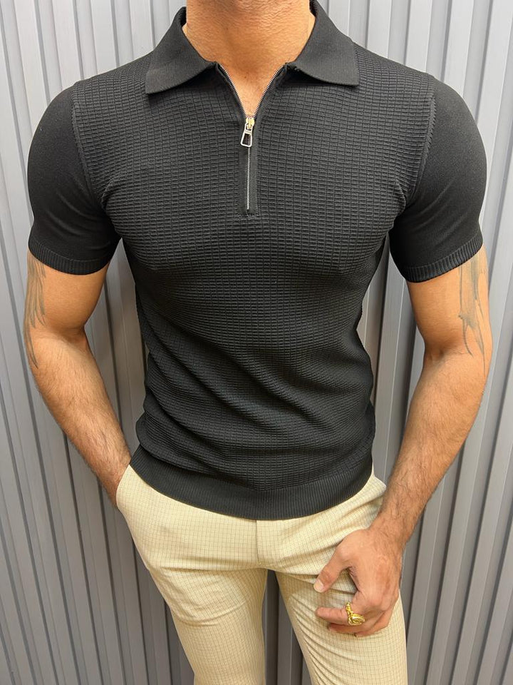 Zip Detailed Polo Neck T-shirt -  Black