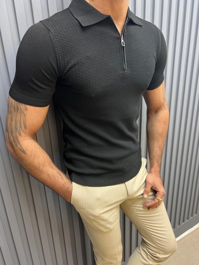 T-shirt zippé à col polo - Noir