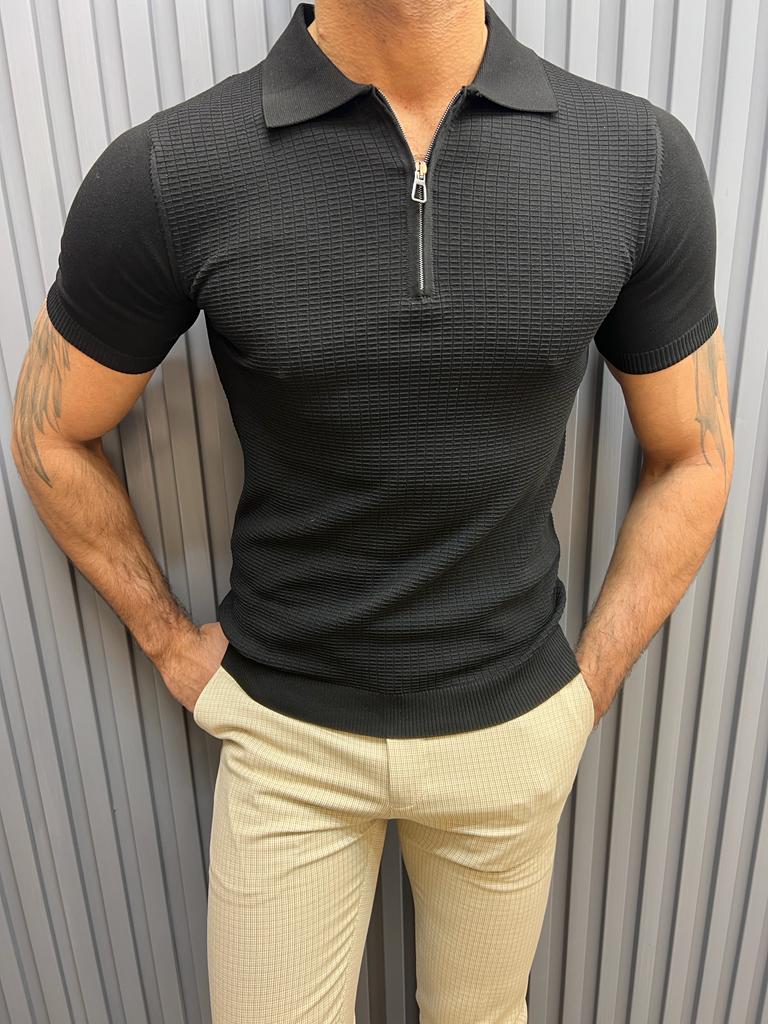 T-shirt zippé à col polo - Noir