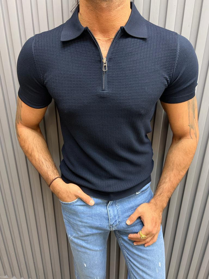Zip Detailed Polo Neck T-shirt-Dark Blue