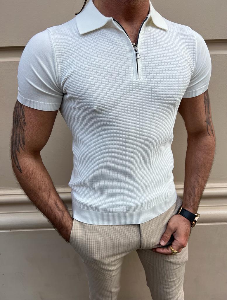 Zip Detailed Polo Neck T-shirt -  White