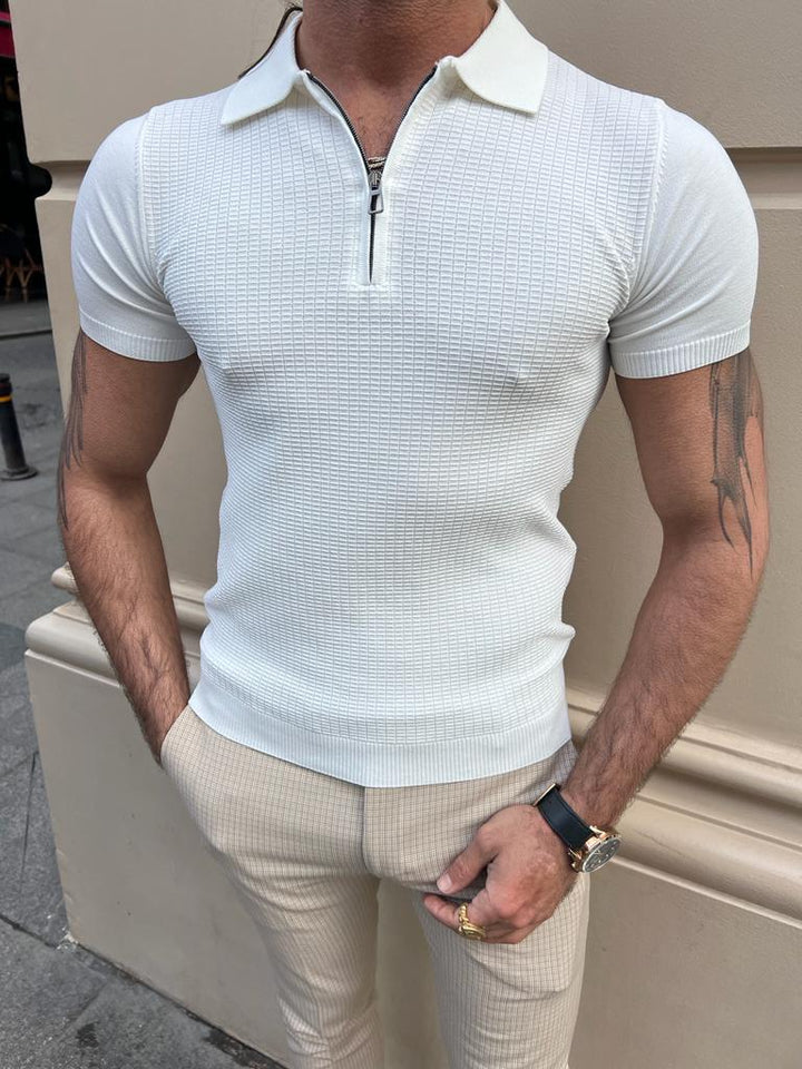 Zip Detailed Polo Neck T-shirt -  White