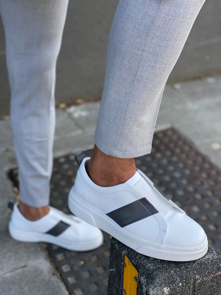 Morris White Grey Leather Sneakers - MENSTYLEWITH