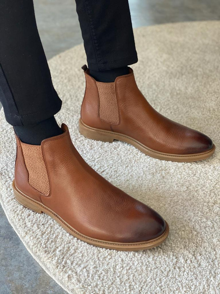 Warren Rubber Sole Genuine Leather Camel Chelsea Boots - MENSTYLEWITH