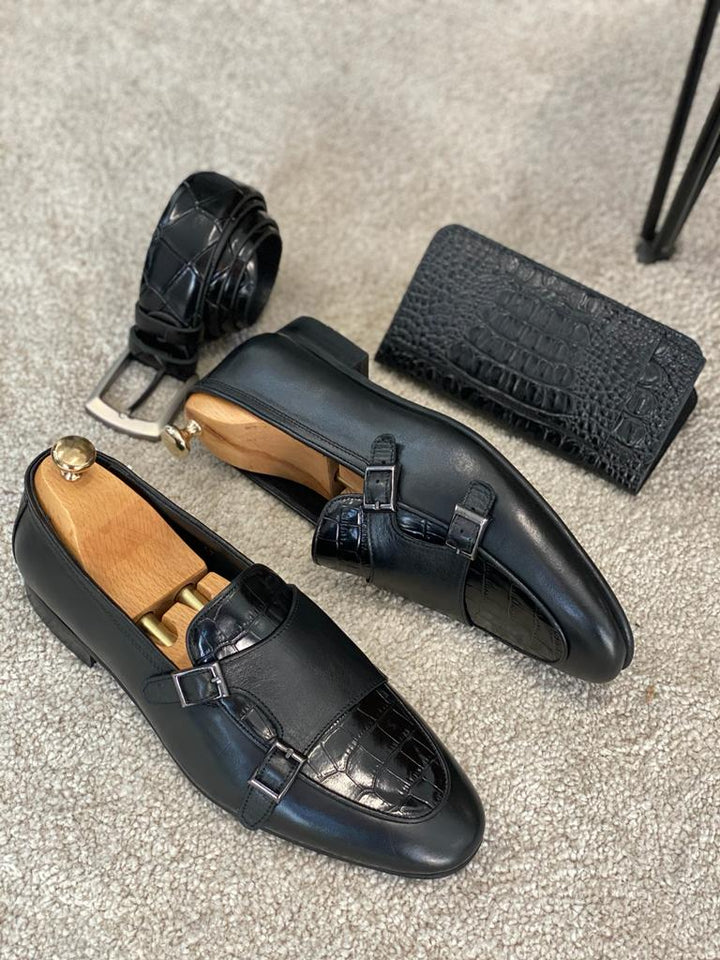 Rob Double Buckled Detail Croc Black Loafers - MENSTYLEWITH