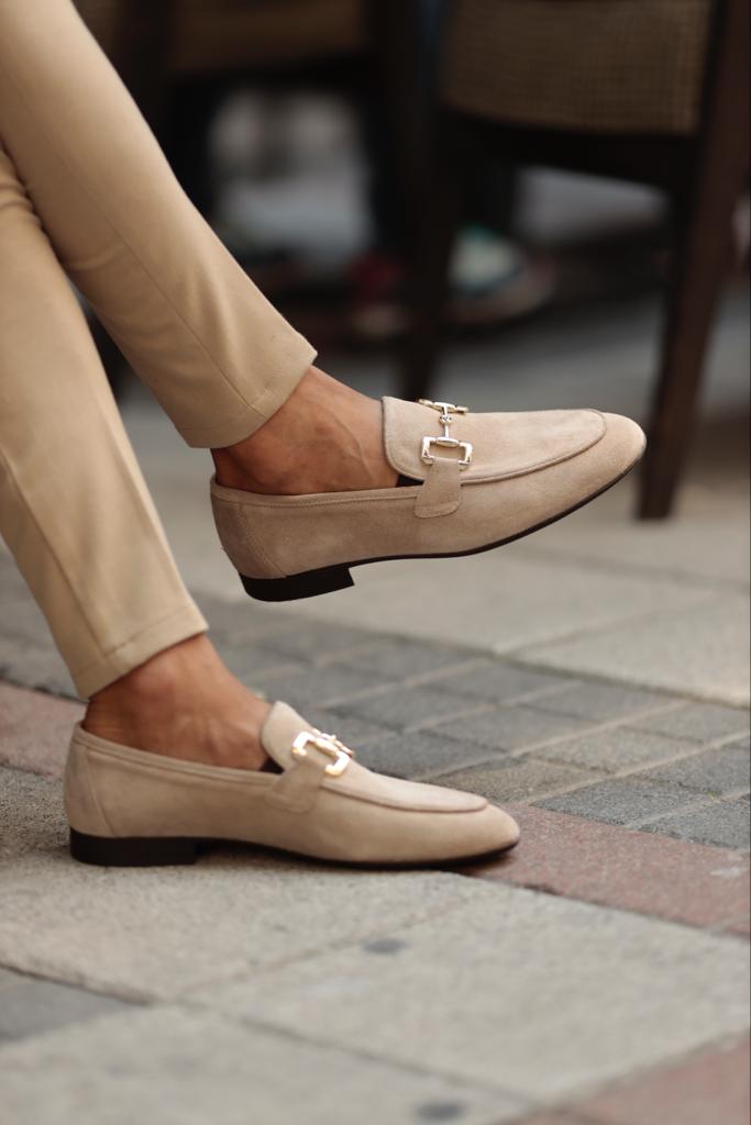 Beige Suede Buckle Loafers for Men by GentWith