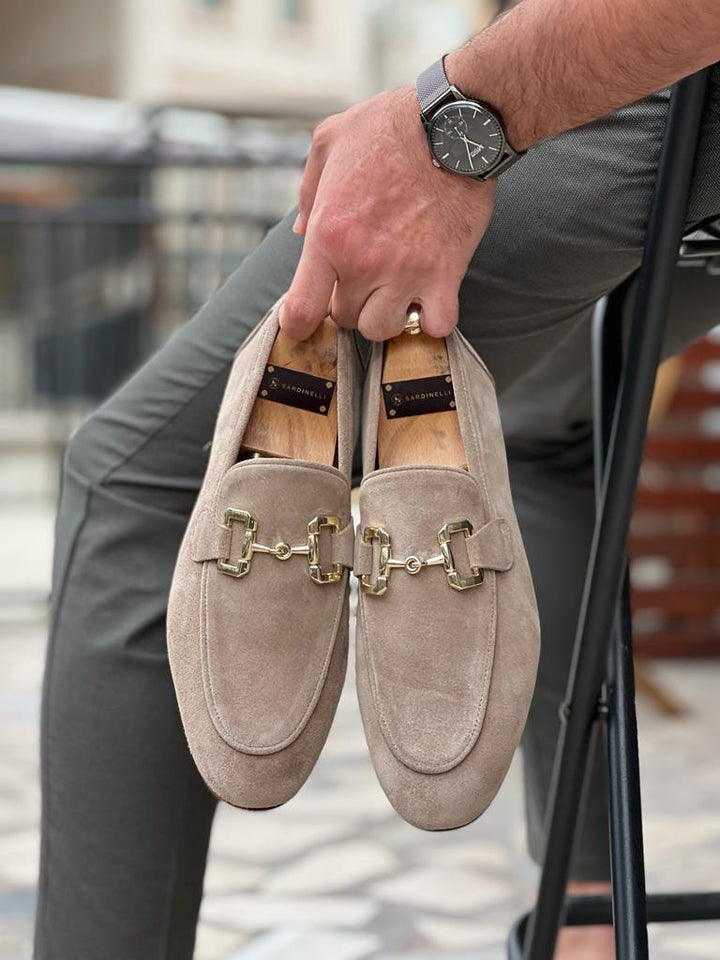 Beige Buckle Detailed Suede Loafers