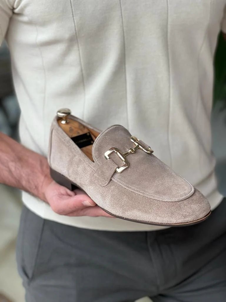 Beige Buckle Detailed Suede Loafers